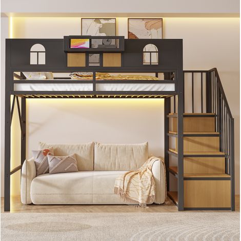 Letto a soppalco per bambini in metallo 90x200 cm con scaletta contenitore, luce LED, ripiano e design salvaspazio, nero (1/5)
