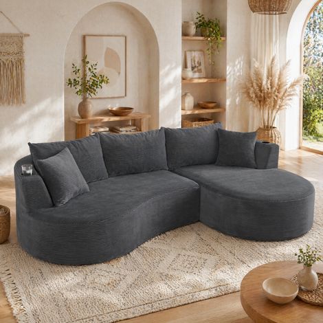 Divano 3 posti a U con chaise longue destra, tessuto effetto corda, grigio, REDOM (1/5)