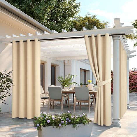 Lot de 2 Rideau Extérieur Imperméable Oeillets 132x275cm Beige Rideau extérieur imperméable anti-soleil à double oeillets adapté pour pergola et balcon (1/5)