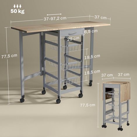 Chariot de cuisine pliable à 6 roues, 1 tiroir et 3 paniers métalliques, 97,2 x 37 x 77,5 cm, gris et chêne (1/5)