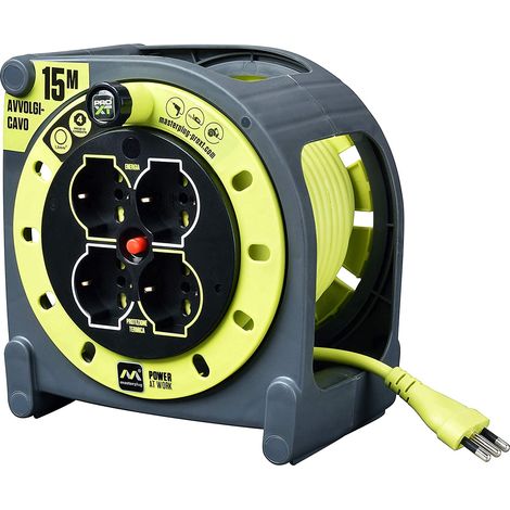 Masterplug Pro-XT Avvolgicavo 15 metri, 4 Prese Universali prolivalent: Bipasso, EU, Schuko, Prolunga Elettrica 16A, Indicatore LED, Cavo Alta Visibilità (1/5)