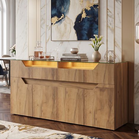 Creahappy Buffet Enfilade avec Plateau en Verre Trempé 140x40x70 cm, Meuble de Rangement LED avec 2 Tiroirs, Effet Bois Chêne Salon (1/5)