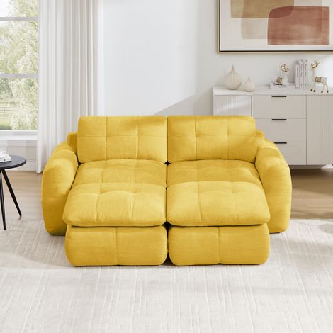 Canapé droit 2 places chenille jaune - Canapé modulable avec 2 poufs, Canapé sans montage - Garnissage mousse haute résilience (1/5)