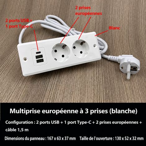 Prise de bureau encastrable blanche 2 prises UE 2 USB 1 Type-C avec câble 1,5 m blanc 1672 16,7 × 6,3 × 4 cm 280 g – Livraison gratuite