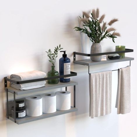 2-Tier and 1-Tier Floating Wall Shelves (Set of Two) with Metal Frame, for Bathroom, Kitchen and Bedroom, with Paper Towel Holder and Towel Rail - Gr (1/5)