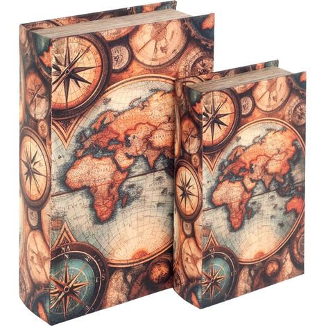 Set di 2 contenitori decorativi in stile vintage con mappa del mondo, ideali per la casa e l'ufficio