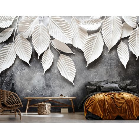 Vlies Fototapete Blätter 400x280 cm, Tapeten, für Wohn und Schlafzimmer, Vliestapete Wandtapete Tapete 3D Effekt- inkl. Kleister - Botanisch Natur weiß grau, WallArena (1/4)