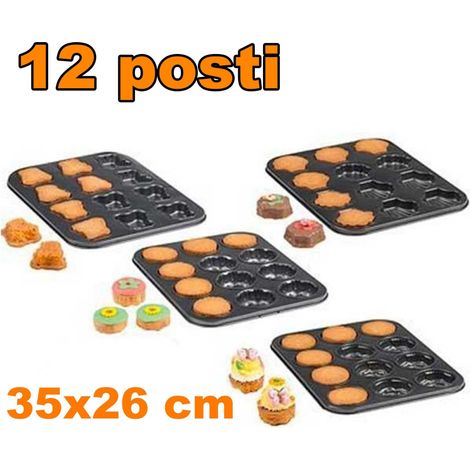 TrAdE Shop Traesio - Teglia Stampi Stampini Per Muffin 12 Posti Da Forno Antiaderente 35x26 Cm -