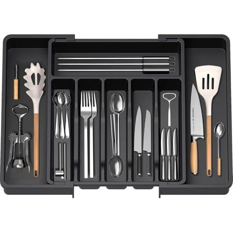 Plateau extensible pour ustensiles de cuisine, plateau à couverts, organiseur de tiroir, support en plastique pour couverts, cuillères, fourchettes, etc., couleur noire. (1/4)