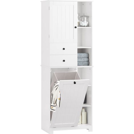 Mobile Alto Con Portabiancheria Apribile Armadietto Da Pavimento Mobile Bagno Bianco 60x37x171cm BZR104-W (1/5)