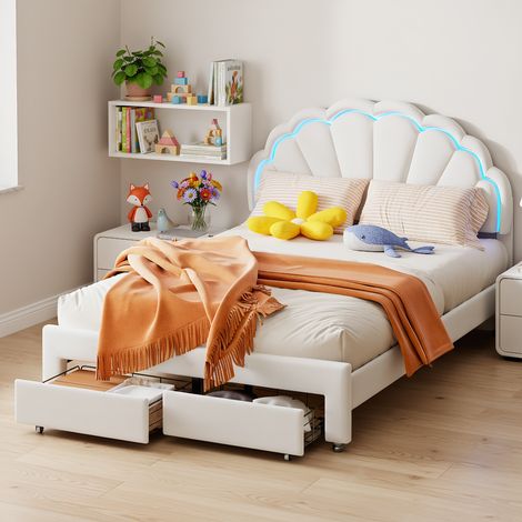 Kinderbett 140x200 cm mit LED Beleuchtung, Polsterbett mit Höhenverstellbarem kopfteil, Modernen Einzelbett mit 2 Schubladens, Bettgestell mit Lattenrost,Velour Weiß (Ohne Matratze) (1/5)