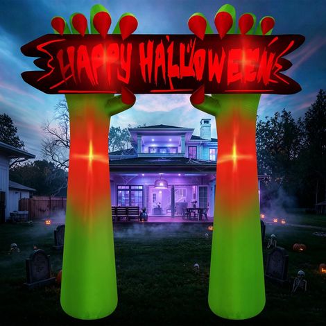 2,44M Arche Gonflable Halloween Fantôme avec Banderole Décoration Extérieur Lumières LED Rouges Intégrées, Souffleur Rapide, Polyester Imperméable, Décoration Halloween Extérieur les Fêtes, Jardin (1/5)