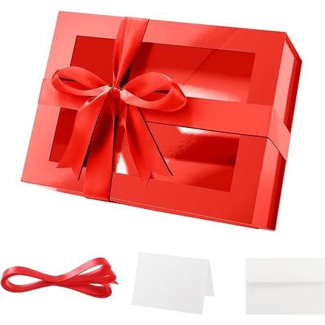 Empty Red Gift Box, 24.1 x 17.8 x 10.2 cm, Gift Box with Transparent Window, Small Magnetic Gift Box and Ribbon for Birthday, Wedding, Mother's Day (1/5)