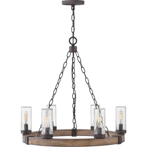 Elstead Sawyer Suspension Sawyer à 6 bras multiples, effet bois, verre clair bullé, IP44 (1/5)