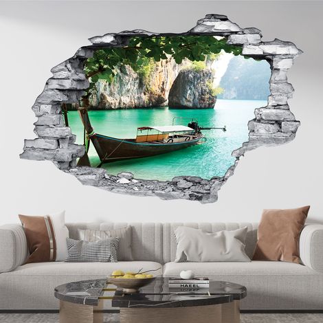 Stickers Trompe l'oeil trou dans le mur - Bateau Thaïlande - 30 x 45 cm - Pierres grises (1/5)