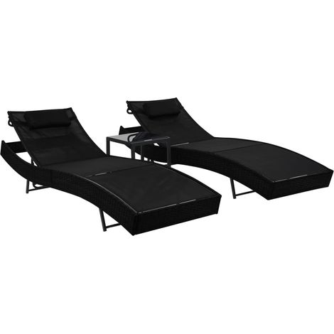 Set di 2 sdraio sedia a sdraio prendisole lettino da giardino terrazza mobili da esterno e tavolo intrecciato in resina e Textilene nero 020012145