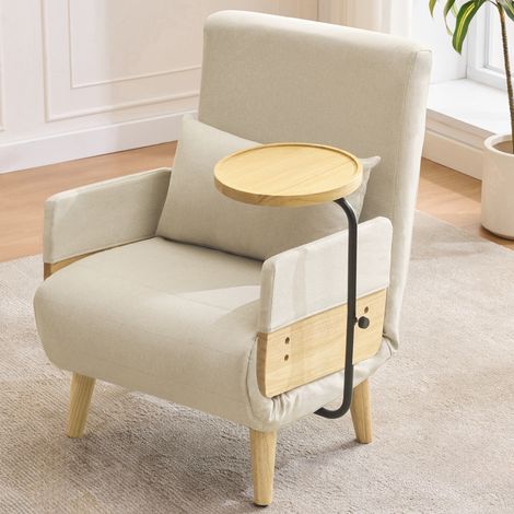 Sillón convertible 88x74.5x66 cm beige en lino con bandeja giratoria y respaldo ajustable (1/5)