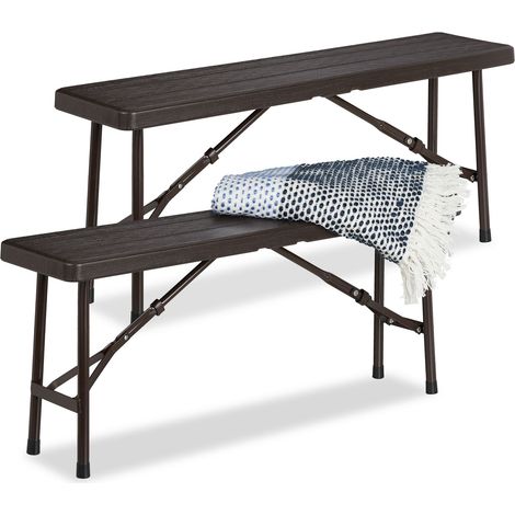 Relaxdays Bierbank 2er Set, faltbar, für Terrasse & Garten, Holzoptik, Kunststoff Campingbank HBT: 42x100x25 cm, braun