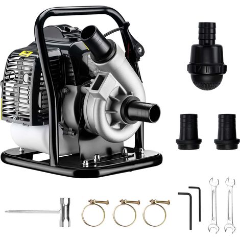 Wiltec Pompa per acqua a benzina, motore a 2 tempi, 1,4 kW, pompa per giardino con portata 400 l/min, profondità di aspirazione max 8 m, per cantine, cantieri, scavi