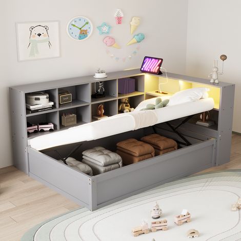 Letto 90x200 cm in legno grigio con contenitore per piccoli spazi, senza materasso – MEUBLIV (1/5)