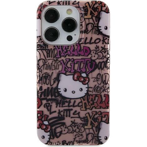 Coque rigide rose Hello Kitty HKHCP15SHDGPTP pour iPhone 15/14/13 6,1 pouces, tags IML Graffiti