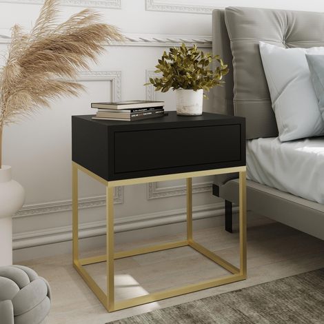 AX LIVING Nachttisch Kommode Aleio Schwarz mit goldenem Metallgestell