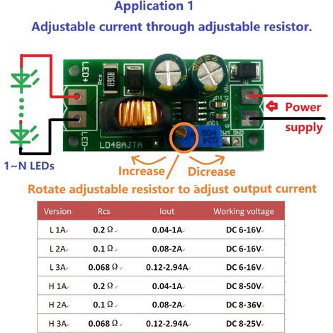 LD48AJTA 72W DC 6-50V 1-3A Driver LED réglable Contrôleur PWM Convertisseur Buck L 1A 6-16V avec bornes (1/4)