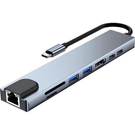 Adaptateur USB-C 8 en 1 - HDMI 4K à 30 Hz + RJ45 + lecteur de cartes SD/TF, multifonction pour ordinateur portable et tablette, couleur grise (1/5)