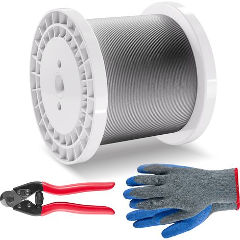 VEVOR Kit de Cables de Alambre de 3,18mm Alambre de Acero Inoxidable 316 de 305m con Cortador y Guantes, Resistencia a la Rotura de 7,1 kN, 7 x 7 Hebras, Cables de Grado de Aeronáutico para Pasamanos