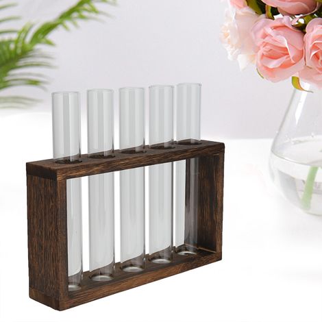 [Jarrón de escritorio] Jarrón vintage de madera de pino y vidrio de borosilicato para hidroponía, juego de 5 piezas. (1/5)