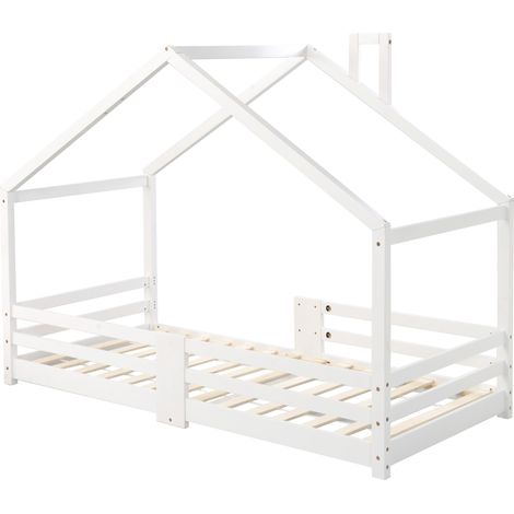 Letto casetta per bambini con camino e barriera di sicurezza in pino bianco 90 x 200 cm (1/5)