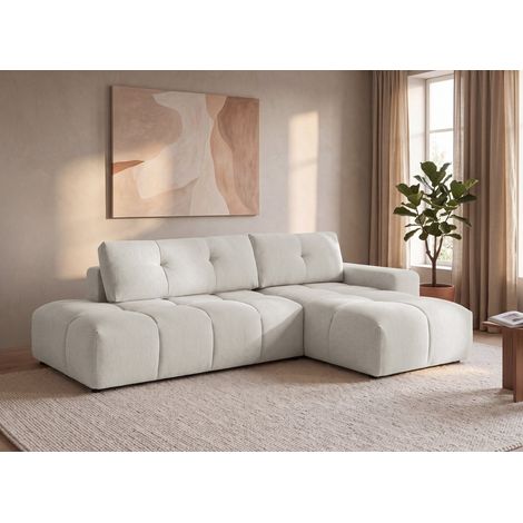 Canapé d'angle convertible avec coffre en tissu texturé beige (1/5)