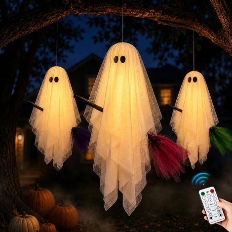 Halloween Leuchtende Geister Hängedeko 3er Set, LED Dekoration mit Besen für Garten, Terrasse, Veranda und Innenbereich (1/5)