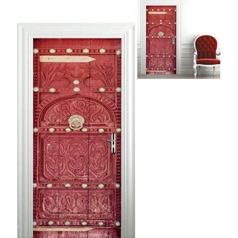3D Photo Door Sticker - Vintage-Style Red Wooden Door Poster for Wall Decoration (1/5)