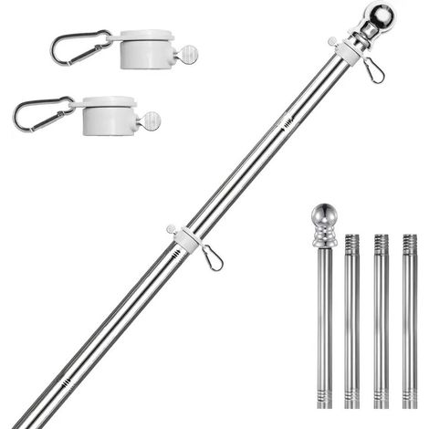 Ensemble de mât de drapeau en aluminium 150 cm en 5 sections avec support mural en acier inoxydable et anneau pivotant couleur argentée (1/4)