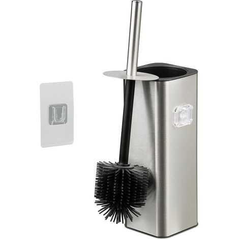 Brosse WC Murale, à Coller, H x L x P : 36,5 x 9,5 x 10,5 cm, Brosse de Toilettes avec Support, Argent (1/5)