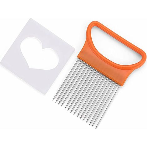 DEESSE SHOP - 2 pièces épluche-oignons, couteau à trancher les oignons en acier inoxydable coupe-pommes de terre à aiguille à viande, trancheuse à oignons porte-oignons (orange) (1/5)