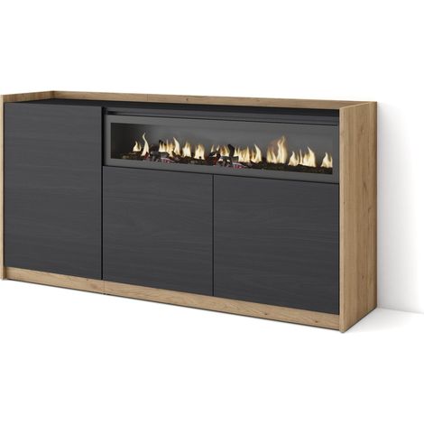 Skraut Home - Aparadores para salón, 156x37x80cm, 3 Puertas, Chimenea eléctrica, Negro y roble (1/5)