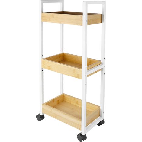 Chariot de Salle de Bain 3 Étages en Bambou Naturel - Étagère Roulante Polyvalente pour Salon/Chambre, Design Écologique & Gain de Place (avec Roulettes) (1/4)