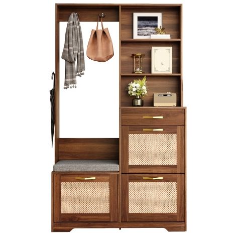 Armadio, armadio da ingresso con panca, scarpiera, frontale in rattan, appendiabiti, cassetti, mobile contenitore, zona d'ingresso