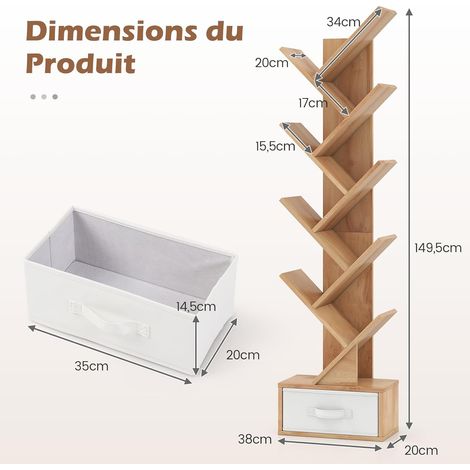 Bibliothèque à 10 Niveaux en Forme Arbre avec Tiroir Tissu Pliable Style Industriel, Bibliothèque pour Salon, Bureau, Chambre, Naturel (1/5)