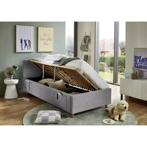 Meise Möbel Stauraumbett Cosy 90x200 cm Bettkasten & Lattenrost (Federholzrahmen) USB Strukturstoff Grau Holzfuß eichefarbig (1/5)