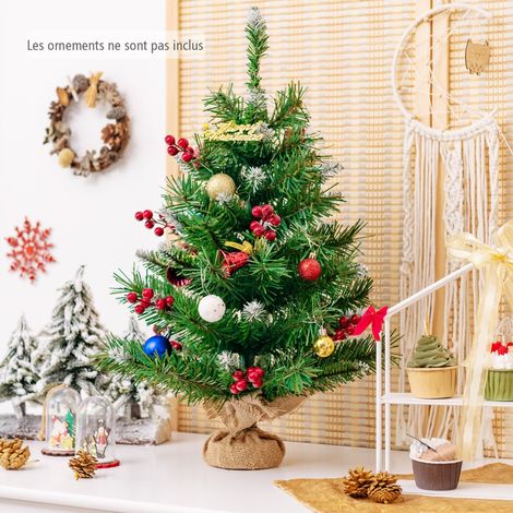 Sapin de Noël de Table Miniature 60 cm avec 76 Rameaux PVC Grappes de Baies Rouges Base en Ciment Recouverte de Jute (1/3)