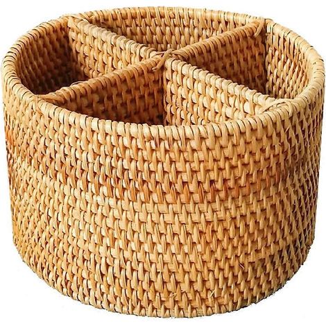 Organisateur de rangement en rotin naturel à 4 compartiments pour cosmétiques, ustensiles et épices, idéal pour les fêtes. (1/5)