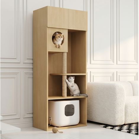 Mueble multifunción para gatos 80 x 45 x 193 cm de MDF natural con almacenaje para salón FloraGrace (1/5)