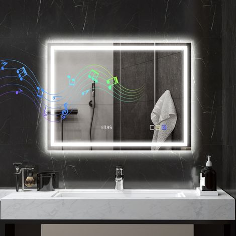 Miroir de salle bain avec éclairage LED, horloge 600 x 800 mm, tapis anti-buée, 3 couleurs réglables, couleur argentée
