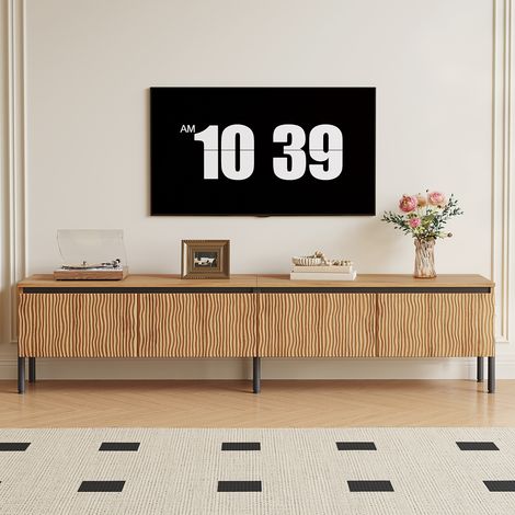 Meuble TV 180 cm Chêne Naturel avec 4 Portes Ondulées, Pieds en Métal Noir et Passages de Câbles, Grand Meuble TV Bas de Salon Style Industriel Moderne (1/5)