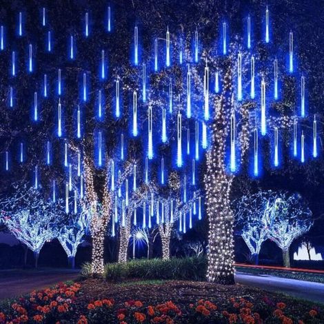 Lumineux Etanche Extérieur Douche Pluie Feux pour Nol Mariage Fête Soirée Maison Arbre Sapin Jardin (Bleu)