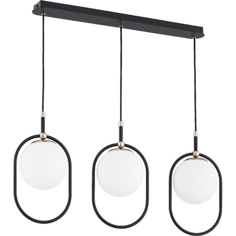 Alfa AMARO Minimalist 3-Light Pendant Ceiling Lamp, Black Metal Frame, White Glass Globe Shades, Old-Gold Accents, 3xE14 Max 10W, 90cm Height, IP20 Indoor