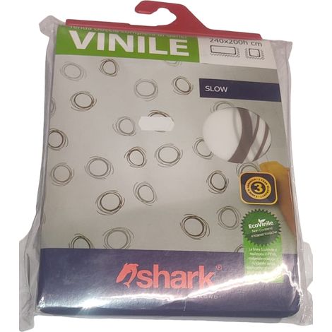 SHARK - TENDA DA DOCCIA COMPLETA DI GANCI IN VINILE LINEA SLOW 240x200h cm - COLORE BIANCO CON DECORAZIONI MARRONI